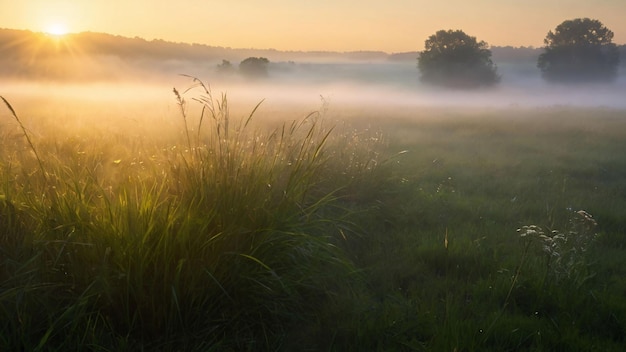 Misty sunrise over a peaceful meadow