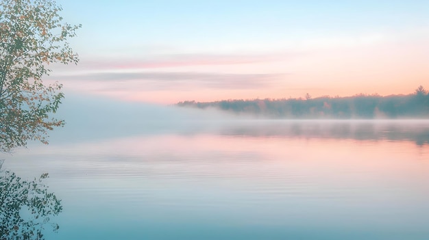 Photo misty sunrise over tranquil lake blending soft pastel reflections in peaceful nature landscape