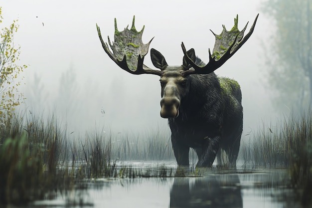 Photo in a misty swamp a moose stands with mosscovered antlers representing solitude and the grandeur of n