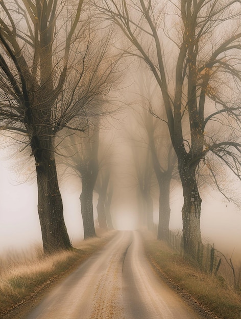 Misty TreeLined Road in Autumn Fog