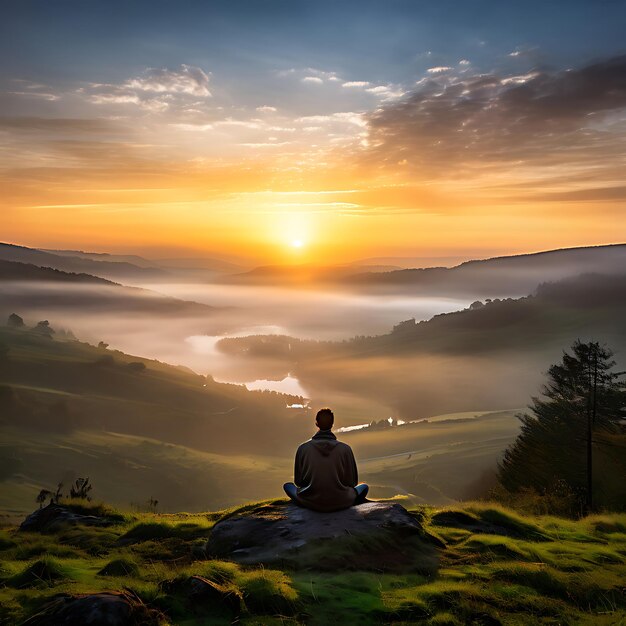 Photo misty valley sunrise meditation on a hillside