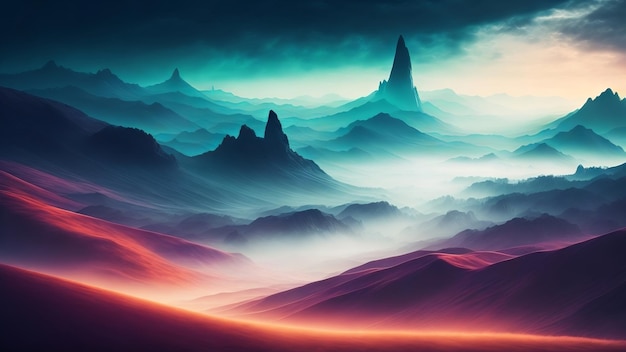 Misty valleys on an alien land Mysterious atmosphere and mysterious landscapes Creative AI Generated