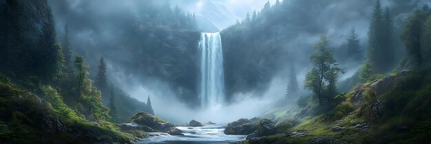 Photo misty waterfall in a forest realistic landscape photography