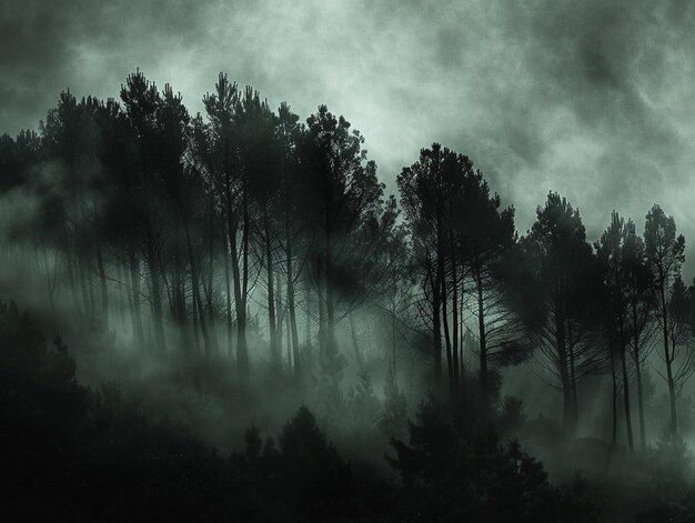 Misty Woodland with Tall Trees and Dense Fog