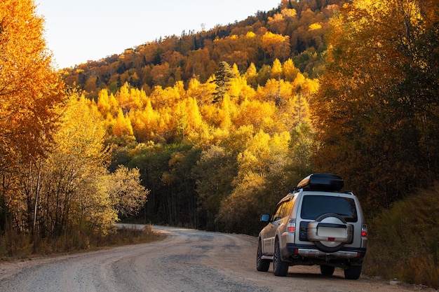 Mitsubishi Pajero on scenic autumn road in the forest