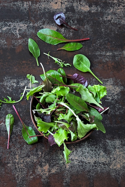 Mix baby salads in a bowl. Concept of healthy or dietary food. Superfoods Eco food. Fitness food.