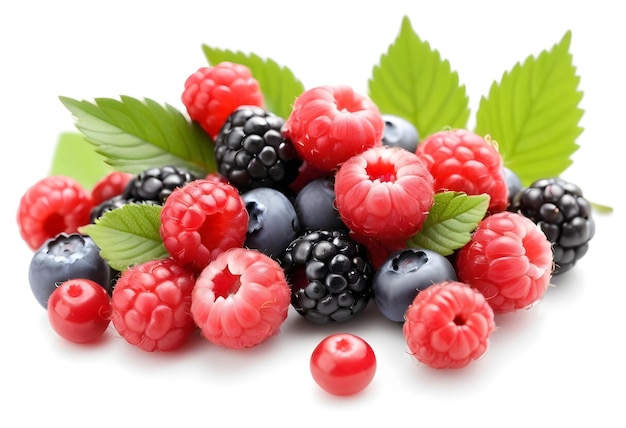 Mix berries in closeup with leaf on white background