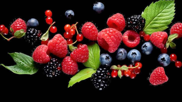 mix of berries fruit splash on black background