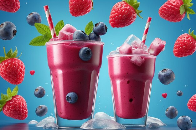 Mix berry smoothie ads with rich berries and ice cubes in 3d illustration