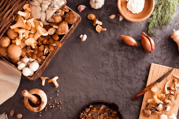 Mix of chanterelle, portobello, shiitake in Cast-iron pan