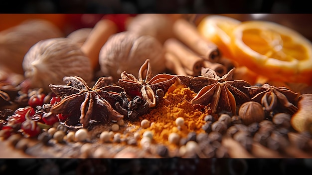 Mix of different spices in lines closeup Different aromatic spices Spices scattered on the table