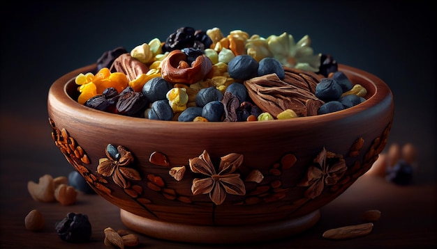 Mix of dried fruits and nuts in a clay bowl on a dark backgroundgenerativeai