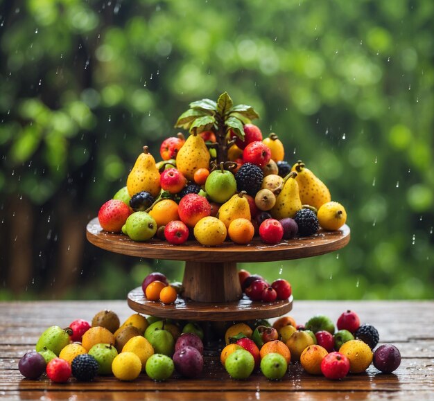 Mix of fresh fruits on wooden table with rain drops and a green background