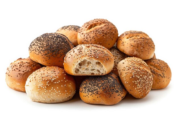 Photo mix of freshly baked bread rolls isolated in transparent background