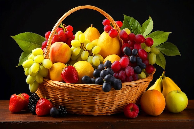 mix fruits in farm basket on isolated background