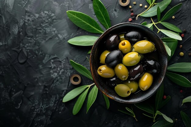 Photo mix of green and black olives in bowl with leaves