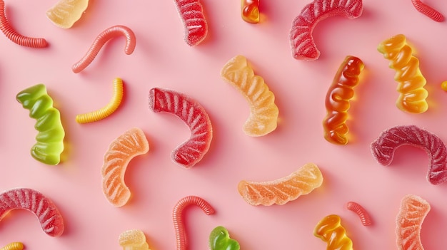 Photo a mix of gummy bears gummy worms and gummy rings