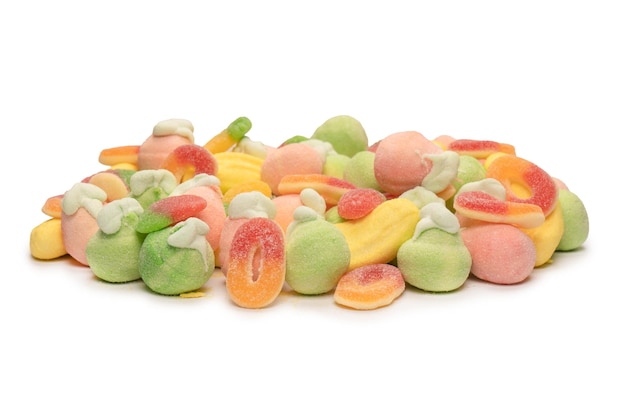 Mix of jelly candys and marshmallows isolated on a white background