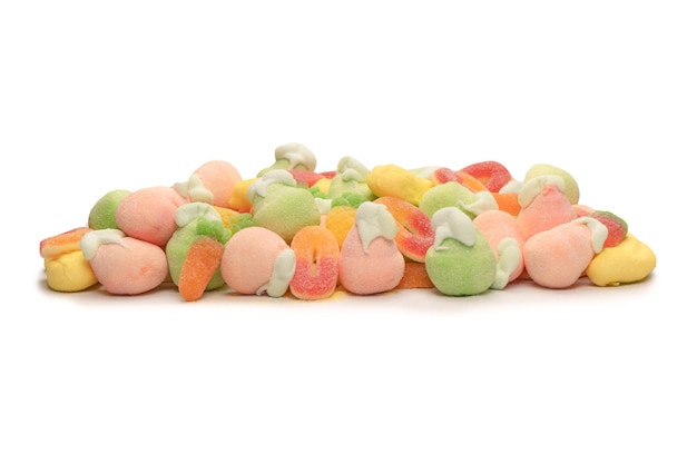 Mix of jelly candys and marshmallows isolated on a white background