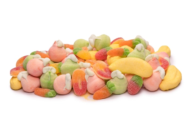 Mix of jelly candys and marshmallows isolated on a white background