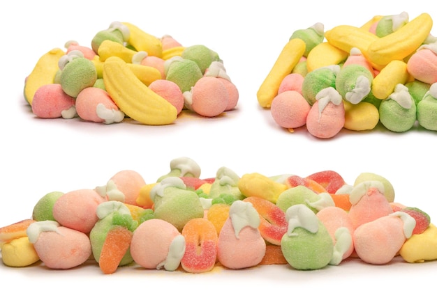 Mix of jelly candys and marshmallows isolated on a white background