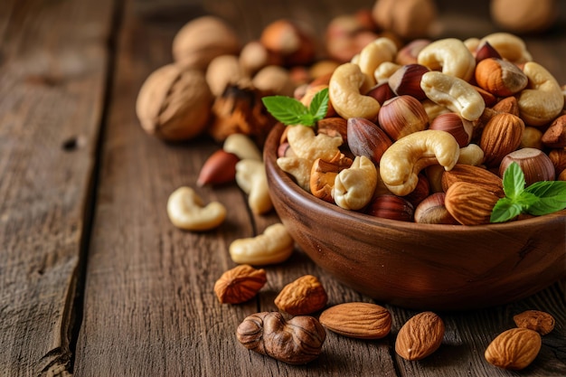 Mix of nuts in bowl on wooden background Nuts mix