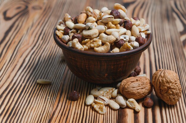 Mix nuts on a wooden table