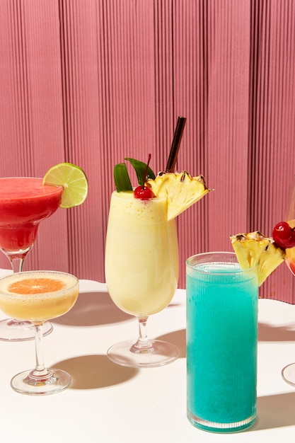 Mix of retro cocktails on a bar counter