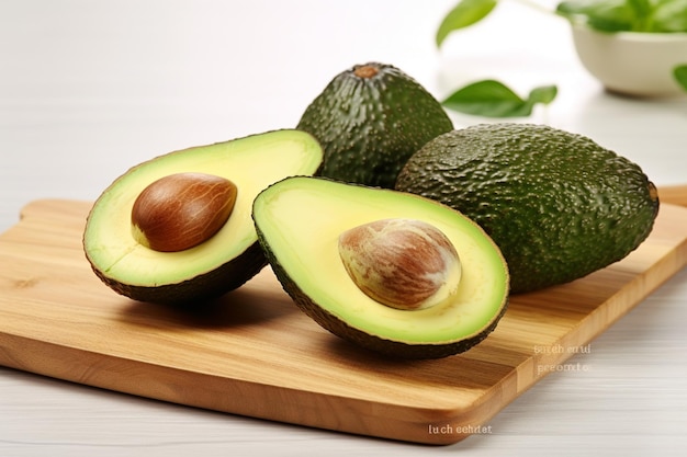 Mix of ripped and green avocados on white wooden board