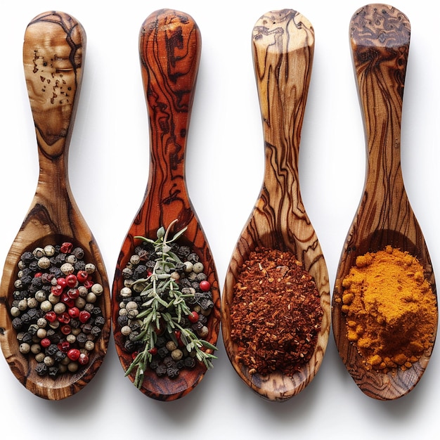 Photo mix of spices in wooden spoon isolated on a white background top view flat lay set or collection