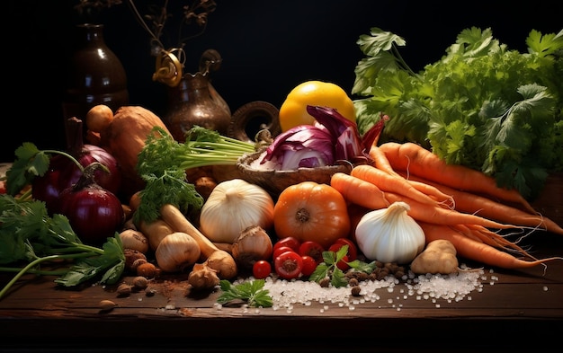 Mix of Vegetables Natural Beauty on Wooden Surface Generative By Ai