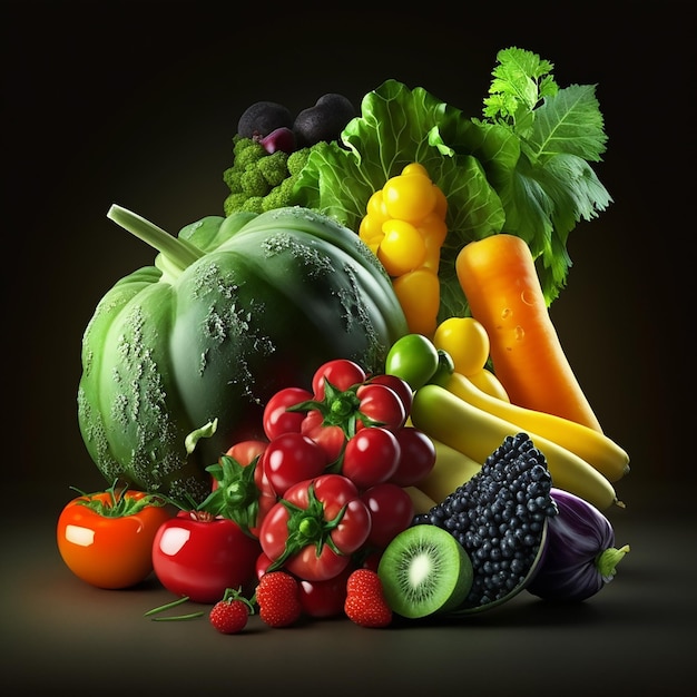 Mix Veggies and Fruits on Black Background