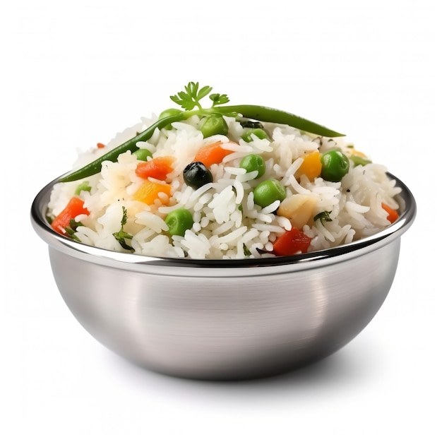 Mix white vegetable rice bowl on white background