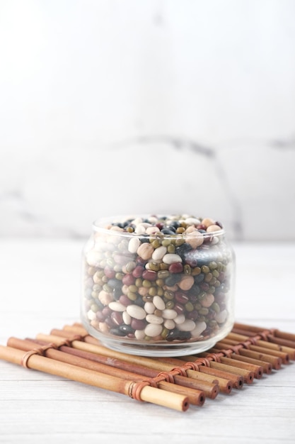 Mixed beans in a bowl on table