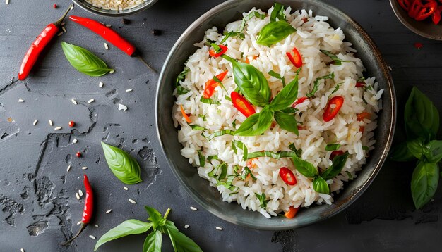 Photo mixed boiled rice with chilli and basil dietary menu top view