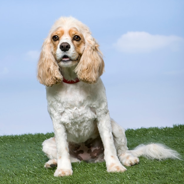 Mixed-Breed Dog between with a Cocker Spaniel and a Cavalier King Charles Spaniel sitting on grass against blue sky