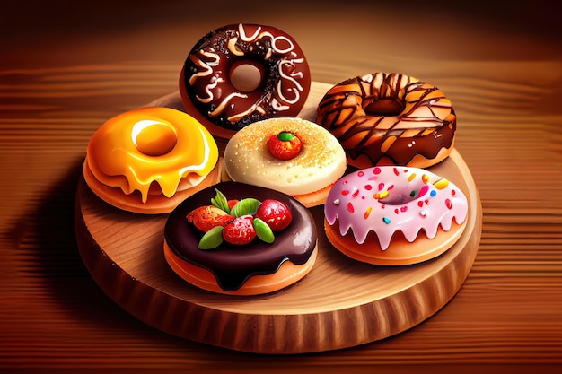 Mixed donuts original flavor chocolate marmalade and fancy toppings on wooden background