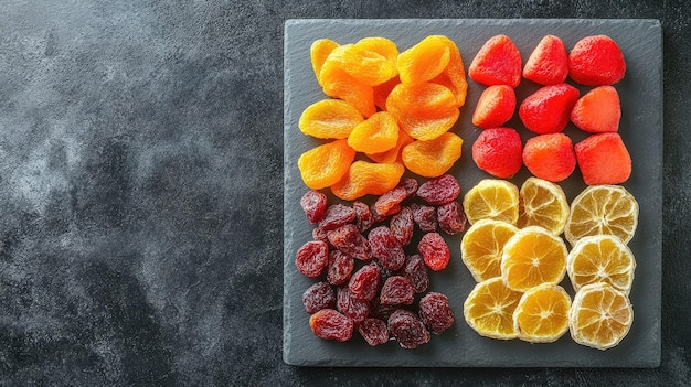 Mixed dried fruit placed in small sections on a slate board top view plenty of copy space