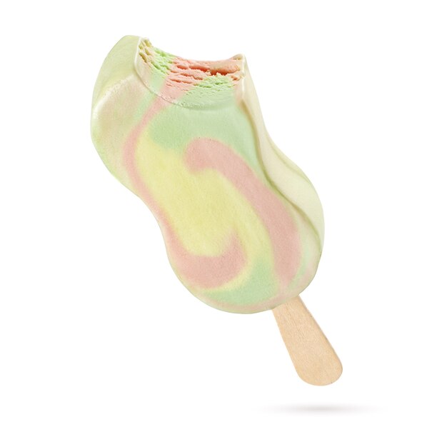 Mixed flavor green, yellow and pink ice cream popsicle isolated on white