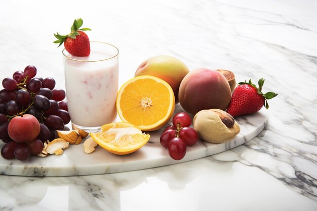 Mixed fresh fruits and glass of juice on marble table