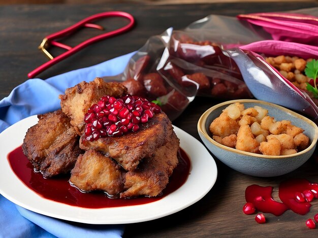 Photo mixed fried meat with pomegranate and sauce