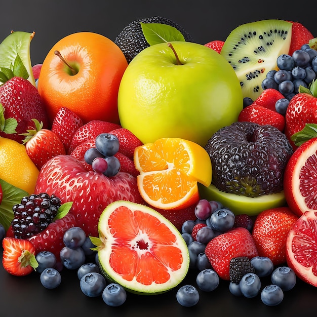 mixed fruit on black background AI generated