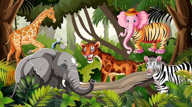 Mixed group of wild animals in the jungle