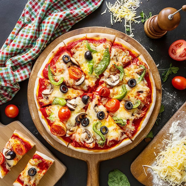 Mixed ingredient pizza with olive cheese and tomatoes