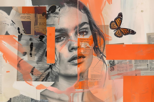 Mixed Media Art Collage Featuring Woman39s Portrait and Butterfly Elements in Orange Tones