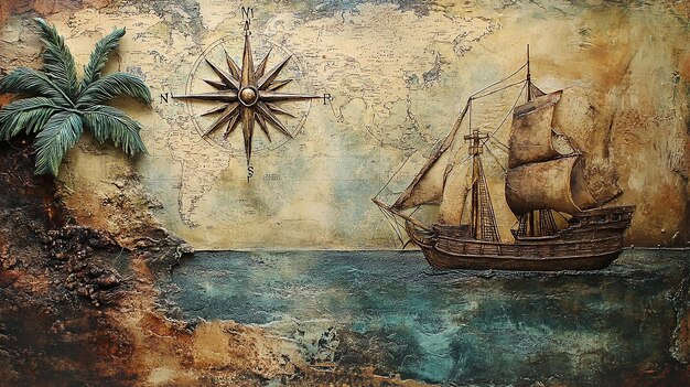 Photo a mixed media collage of an ancient sailing ship