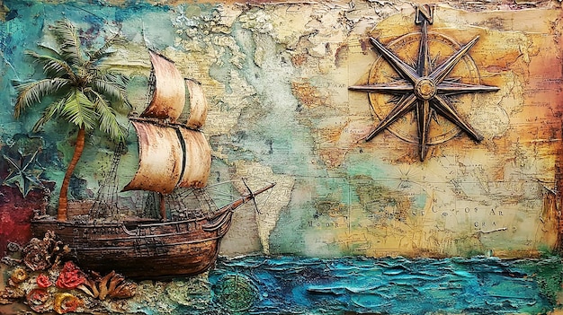 Photo a mixed media collage of an ancient sailing ship