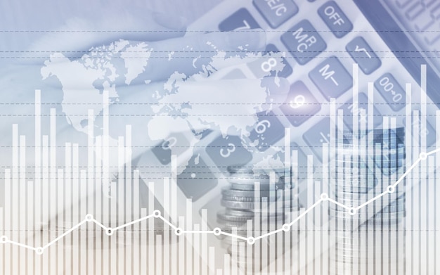 Mixed media of graph and rows of coins for finance and business concept