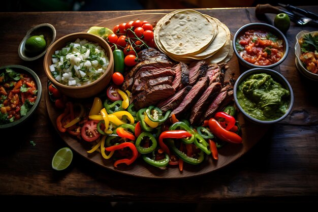 Mixed mexican food party food guacamole nachos fajita meat tacos salsa peppers tomatoes