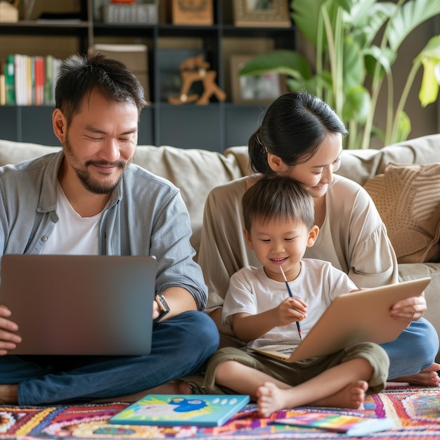 Mixed race family sharing time in living room Caucasian father using notebook computer to work and halfThai playing and painting under desk while Asian mother with laptop working her job on sofa